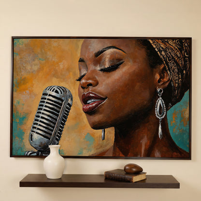 Black Female Jazz Singer Vintage Microphone Canvas Wall Art in dark walnut floating frame
