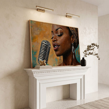 Black Female Jazz Singer Vintage Microphone Canvas Wall Art in white oak floating frame