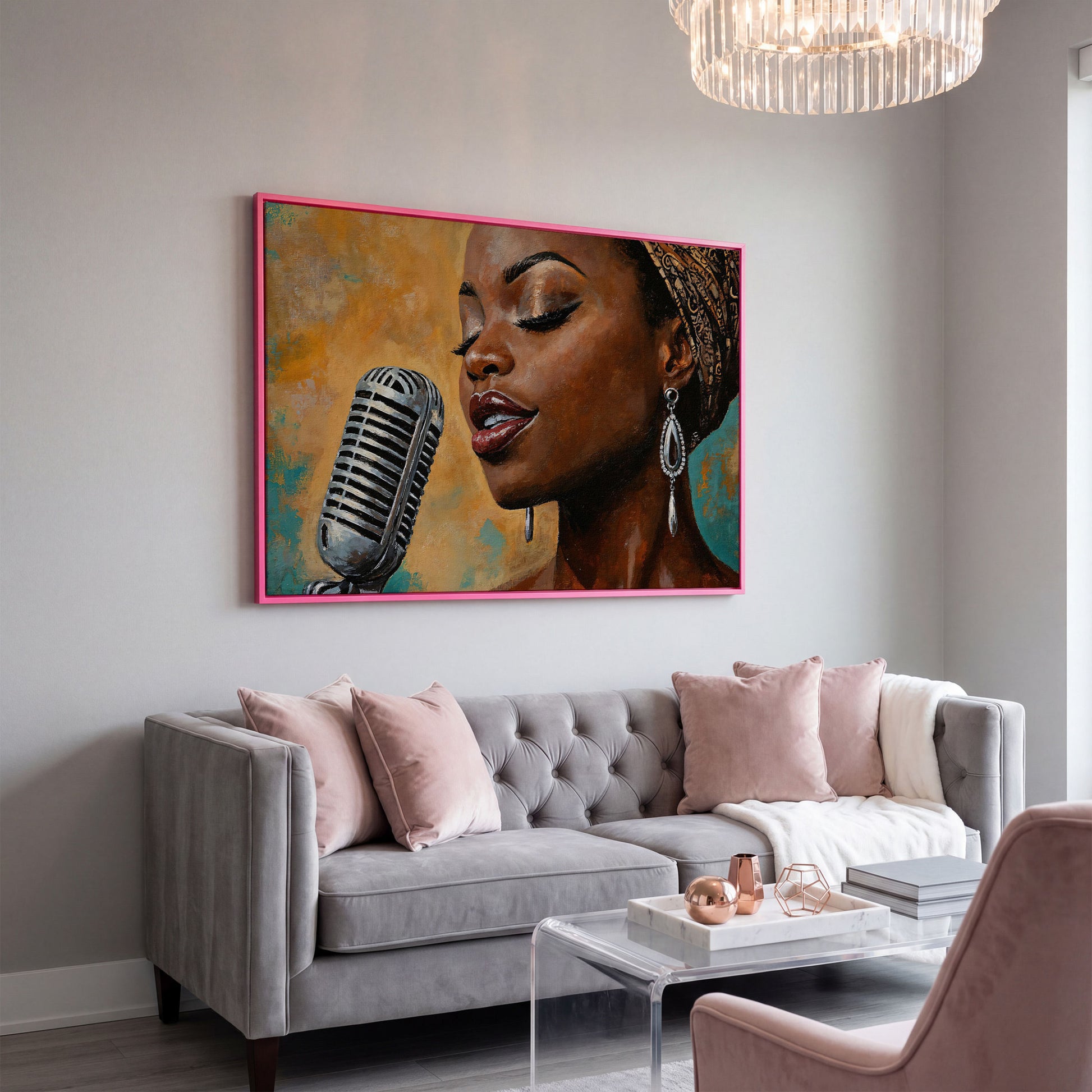 Black Female Jazz Singer Vintage Microphone Canvas Wall Art in pink floating frame
