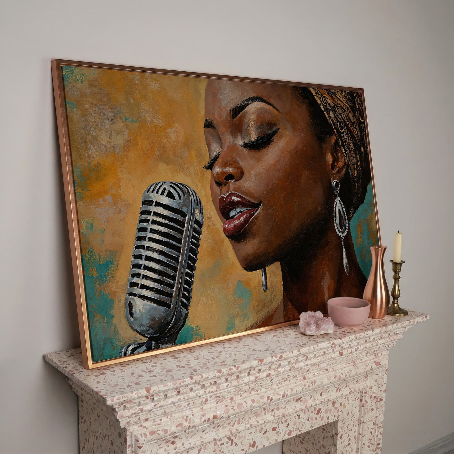 Black Female Jazz Singer Vintage Microphone Canvas Wall Art in rose gold floating frame