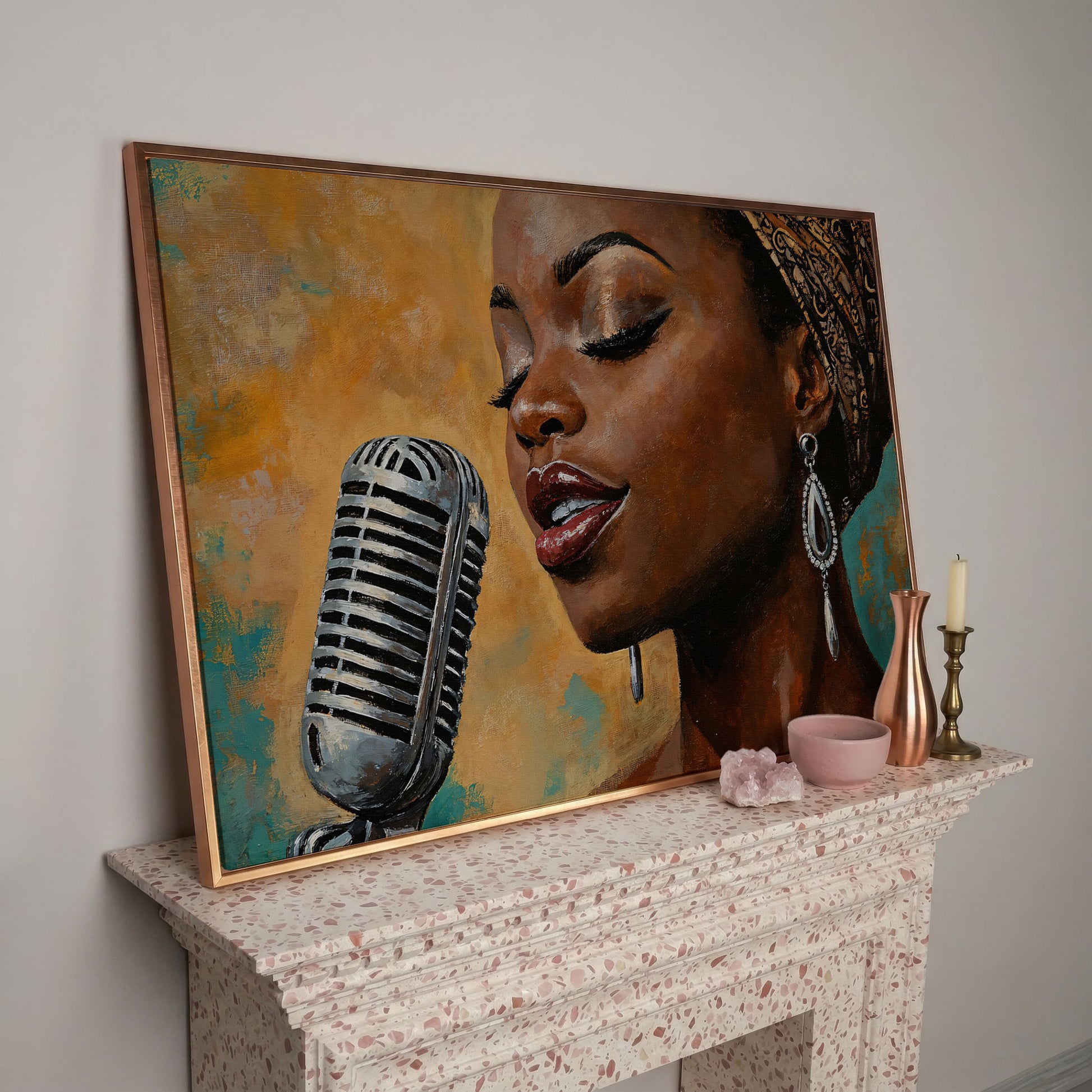 Black Female Jazz Singer Vintage Microphone Canvas Wall Art in rose gold floating frame