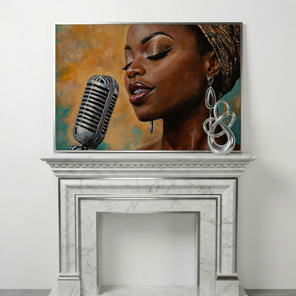Black Female Jazz Singer Vintage Microphone Canvas Wall Art in silver floating frame