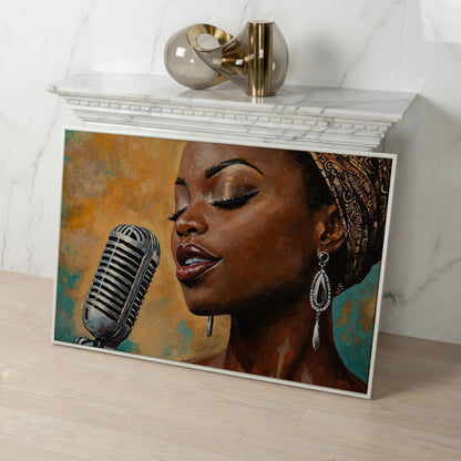 Black Female Jazz Singer Vintage Microphone Canvas Wall Art in white floating frame