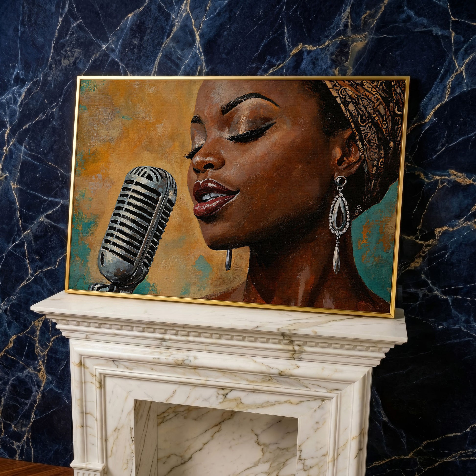Black Female Jazz Singer Vintage Microphone Canvas Wall Art in yellow gold floating frame