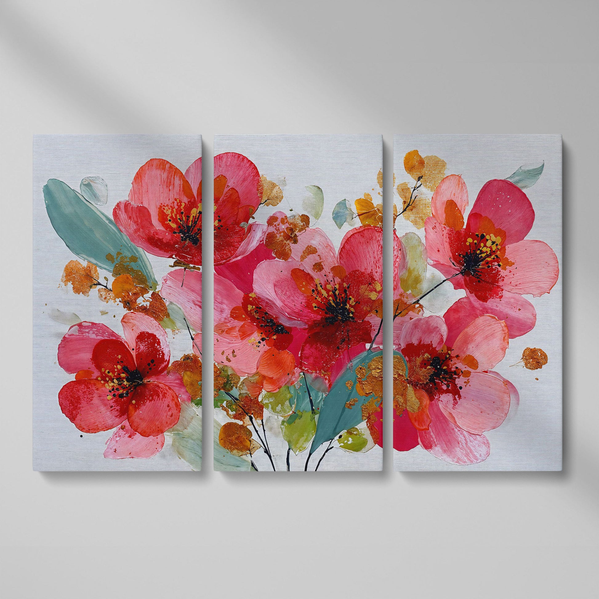 Stylized Poppy Floral Canvas Wall Art, Coral and Red Blooms as 3-panel split version
