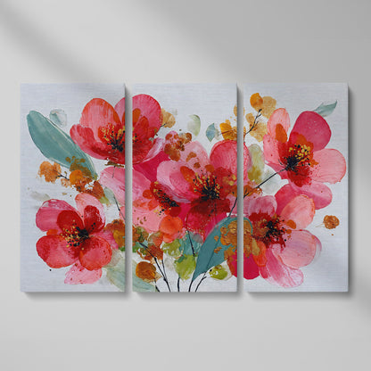 Stylized Poppy Floral Canvas Wall Art, Coral and Red Blooms as 3-panel split version
