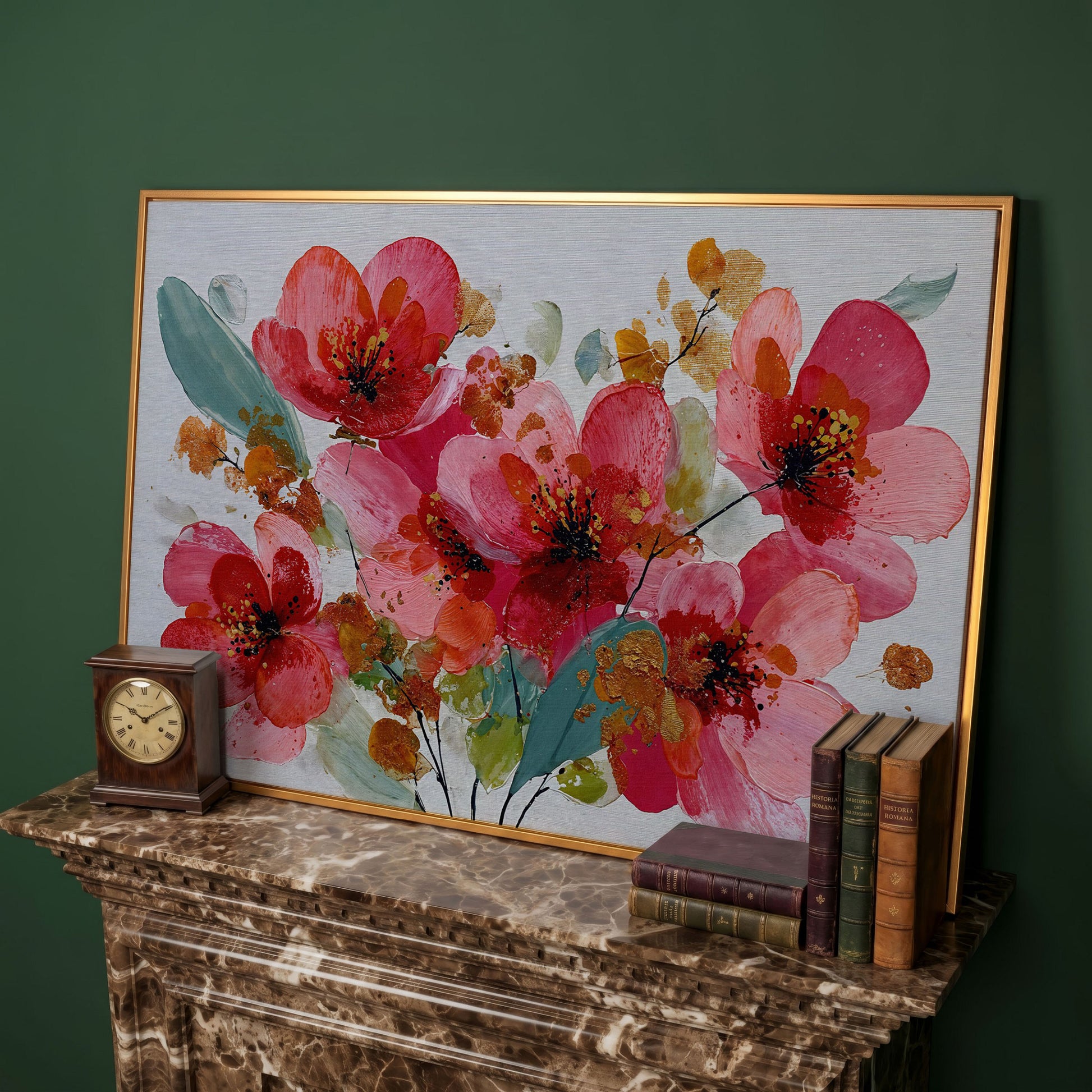 Stylized Poppy Floral Canvas Wall Art, Coral and Red Blooms in antique gold floating frame