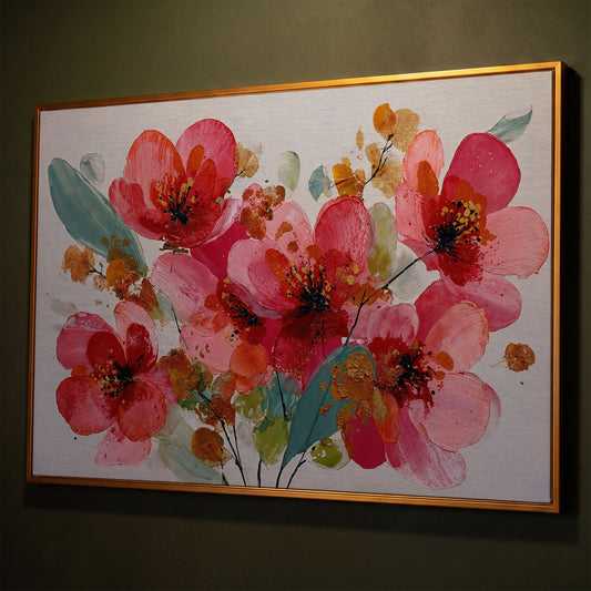 Stylized Poppy Floral Canvas Wall Art, Coral and Red Blooms shown in antique gold floating frame