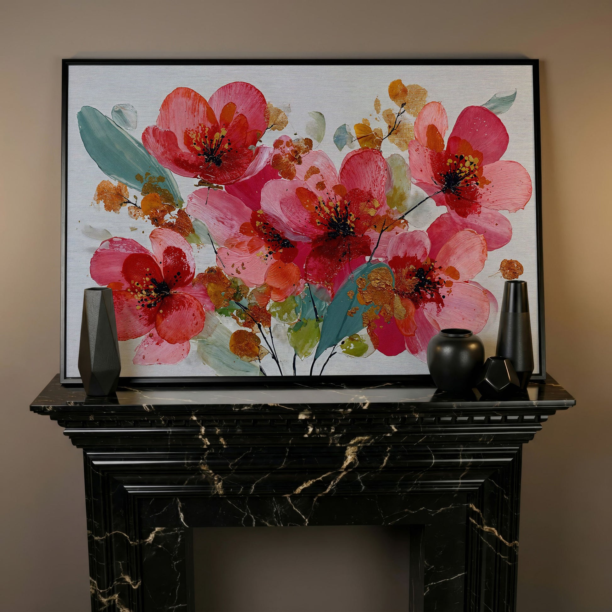 Stylized Poppy Floral Canvas Wall Art, Coral and Red Blooms in black floating frame
