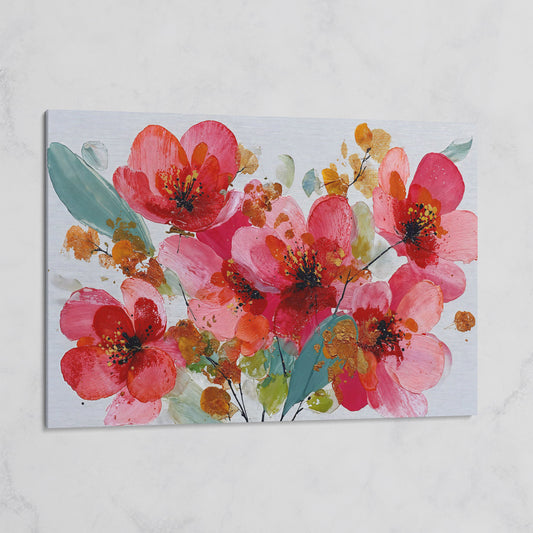 Stylized Poppy Floral Canvas Wall Art, Coral and Red Blooms on gallery wrap