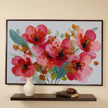 Stylized Poppy Floral Canvas Wall Art, Coral and Red Blooms in dark walnut floating frame