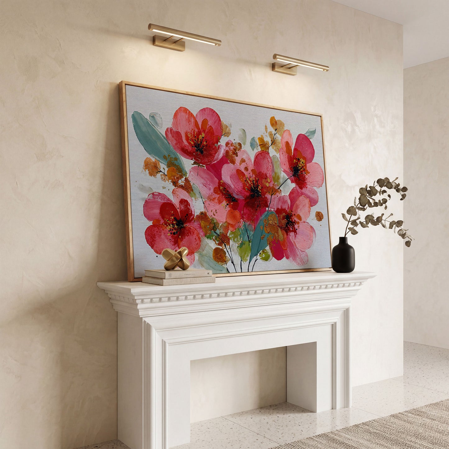 Stylized Poppy Floral Canvas Wall Art, Coral and Red Blooms in white oak floating frame