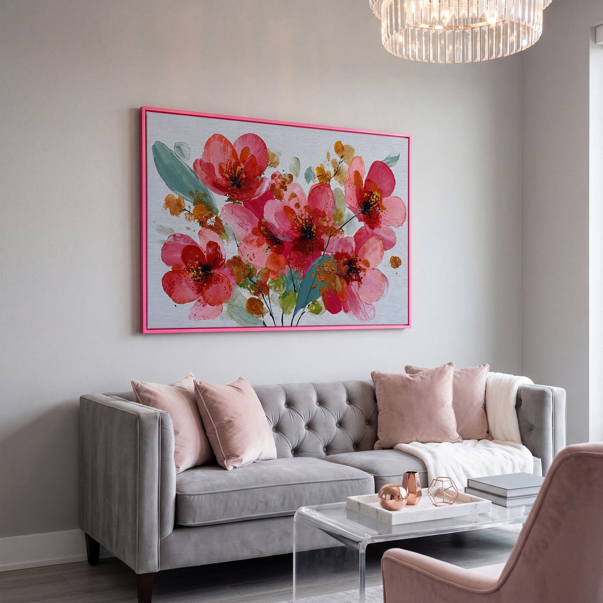 Stylized Poppy Floral Canvas Wall Art, Coral and Red Blooms in pink floating frame