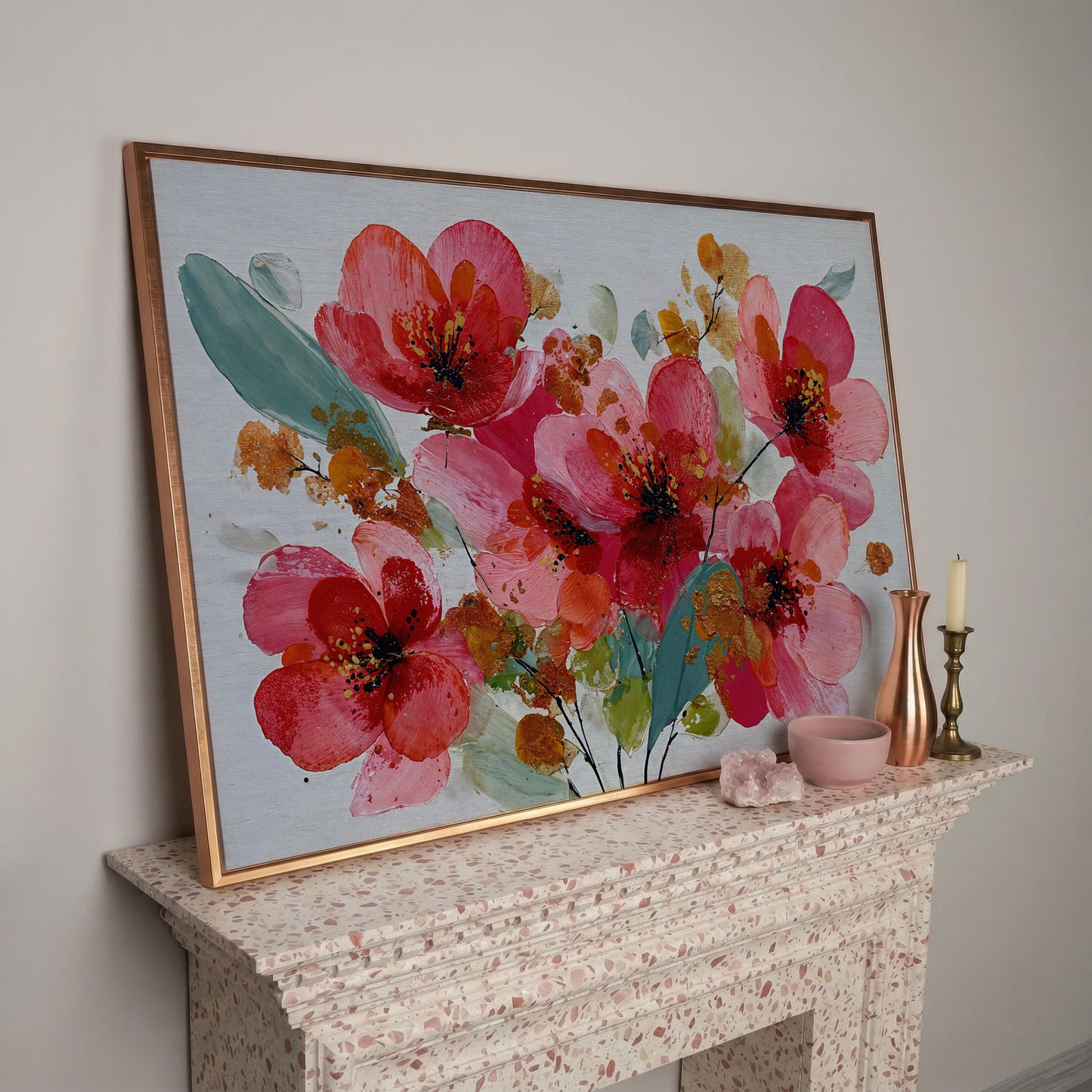 Stylized Poppy Floral Canvas Wall Art, Coral and Red Blooms in rose gold floating frame