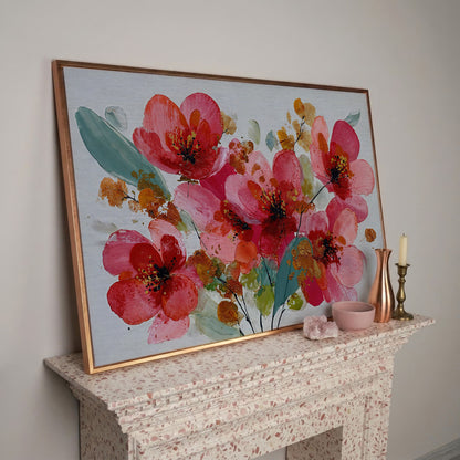 Stylized Poppy Floral Canvas Wall Art, Coral and Red Blooms in rose gold floating frame