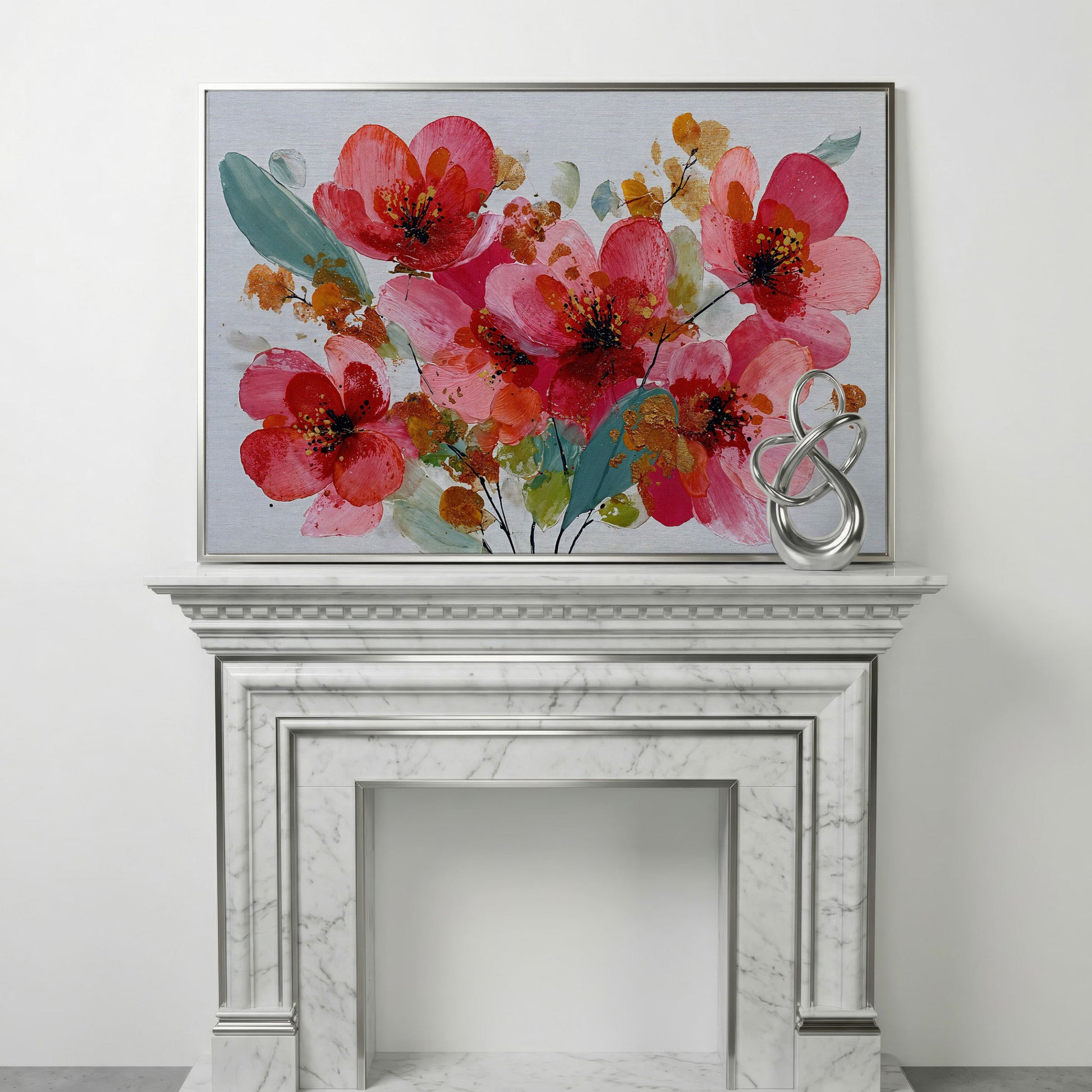 Stylized Poppy Floral Canvas Wall Art, Coral and Red Blooms in silver floating frame