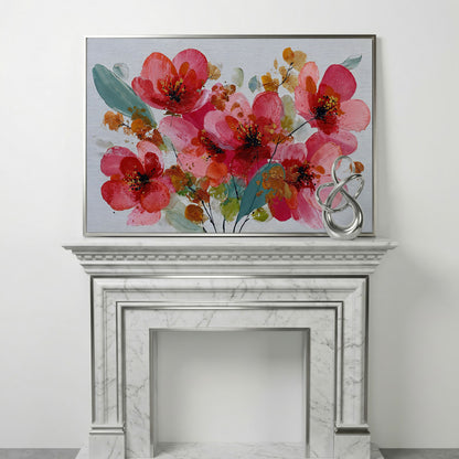 Stylized Poppy Floral Canvas Wall Art, Coral and Red Blooms in silver floating frame