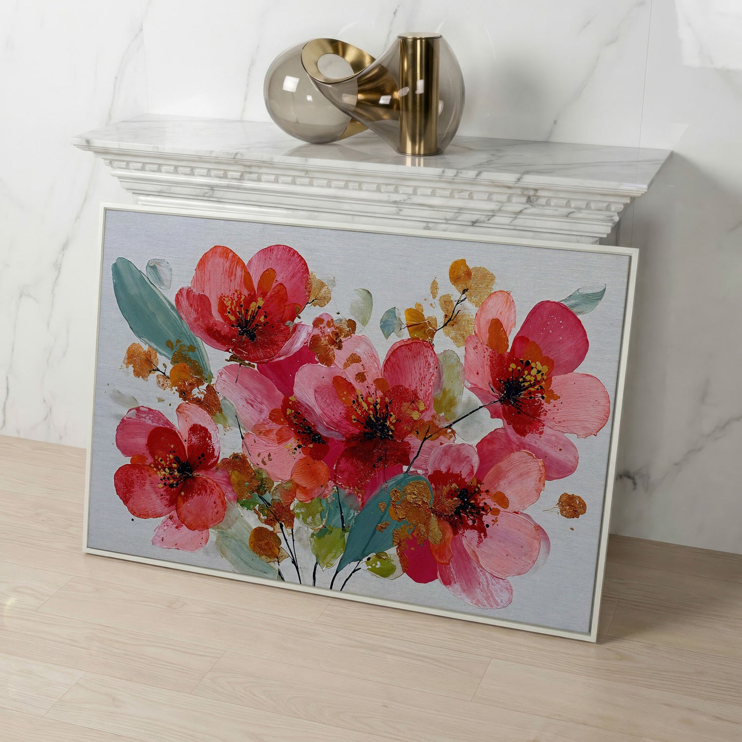 Stylized Poppy Floral Canvas Wall Art, Coral and Red Blooms in white floating frame