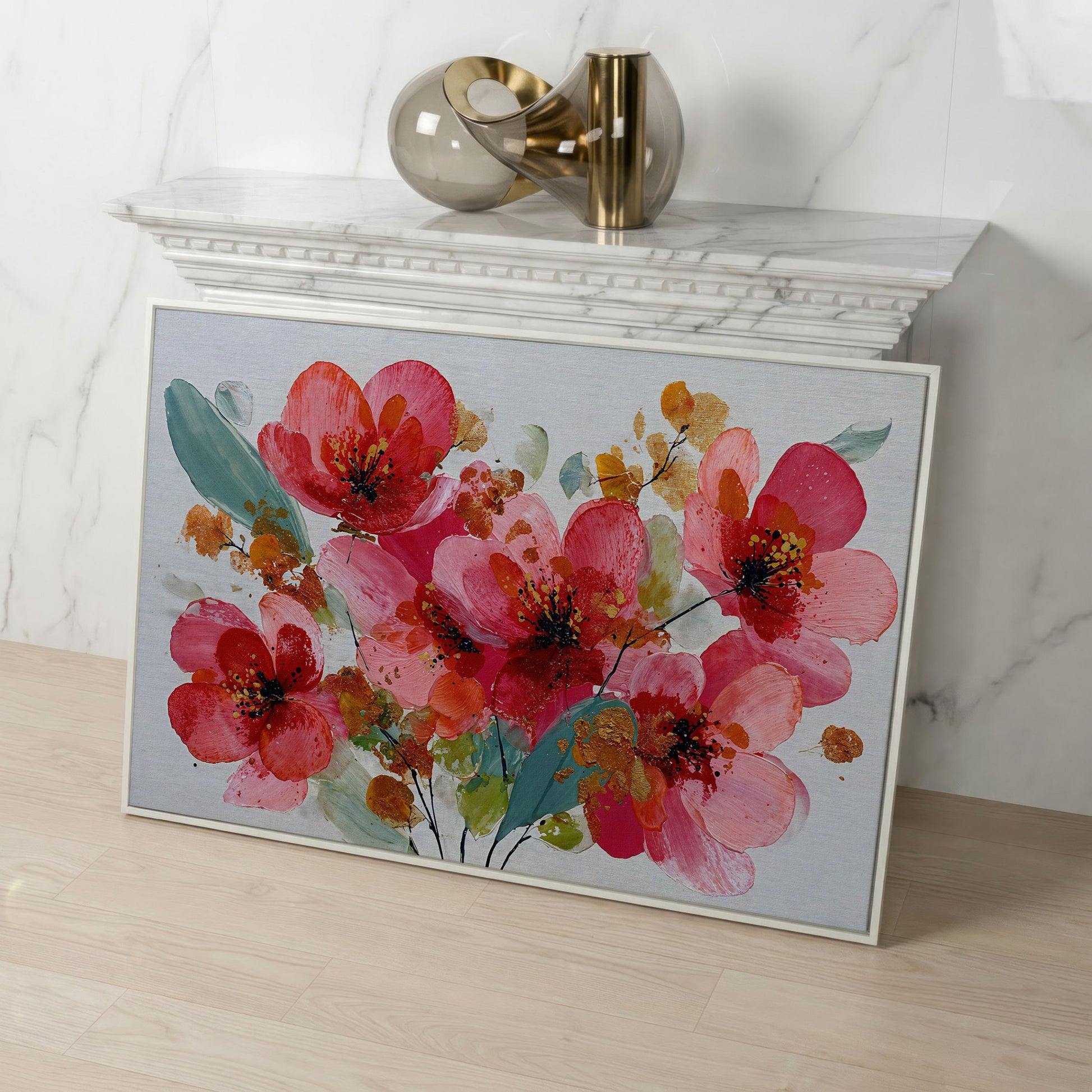 Stylized Poppy Floral Canvas Wall Art, Coral and Red Blooms in white floating frame