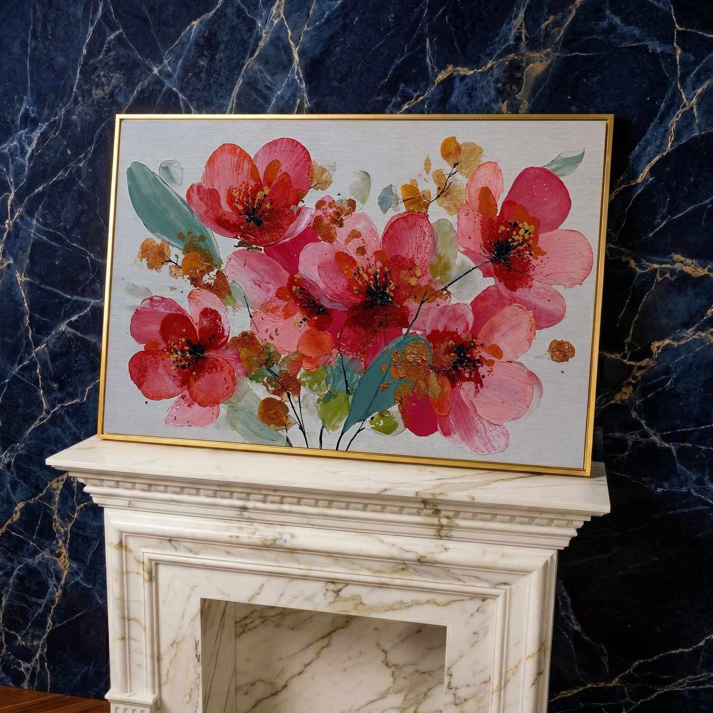 Stylized Poppy Floral Canvas Wall Art, Coral and Red Blooms in yellow gold floating frame
