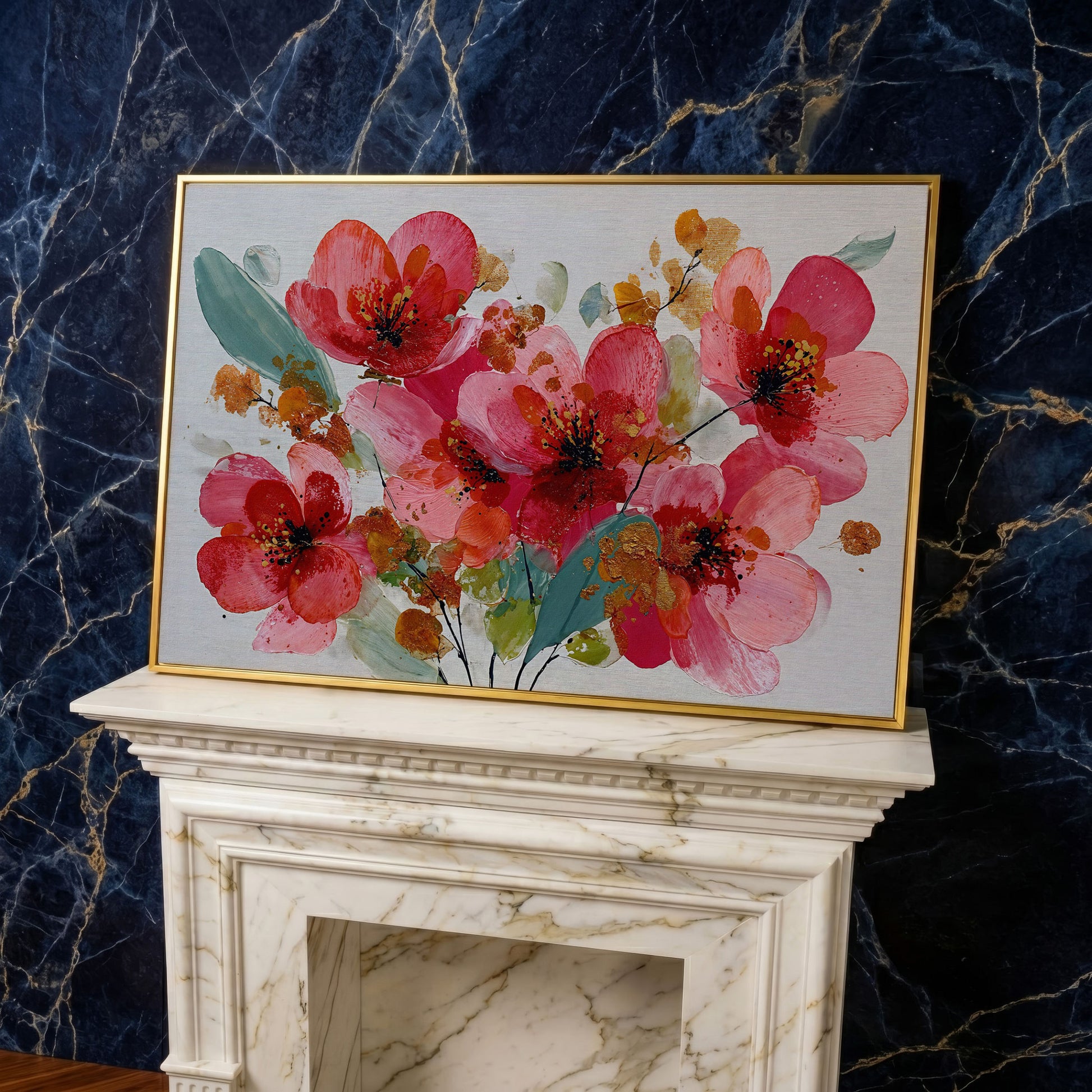 Stylized Poppy Floral Canvas Wall Art, Coral and Red Blooms in yellow gold floating frame