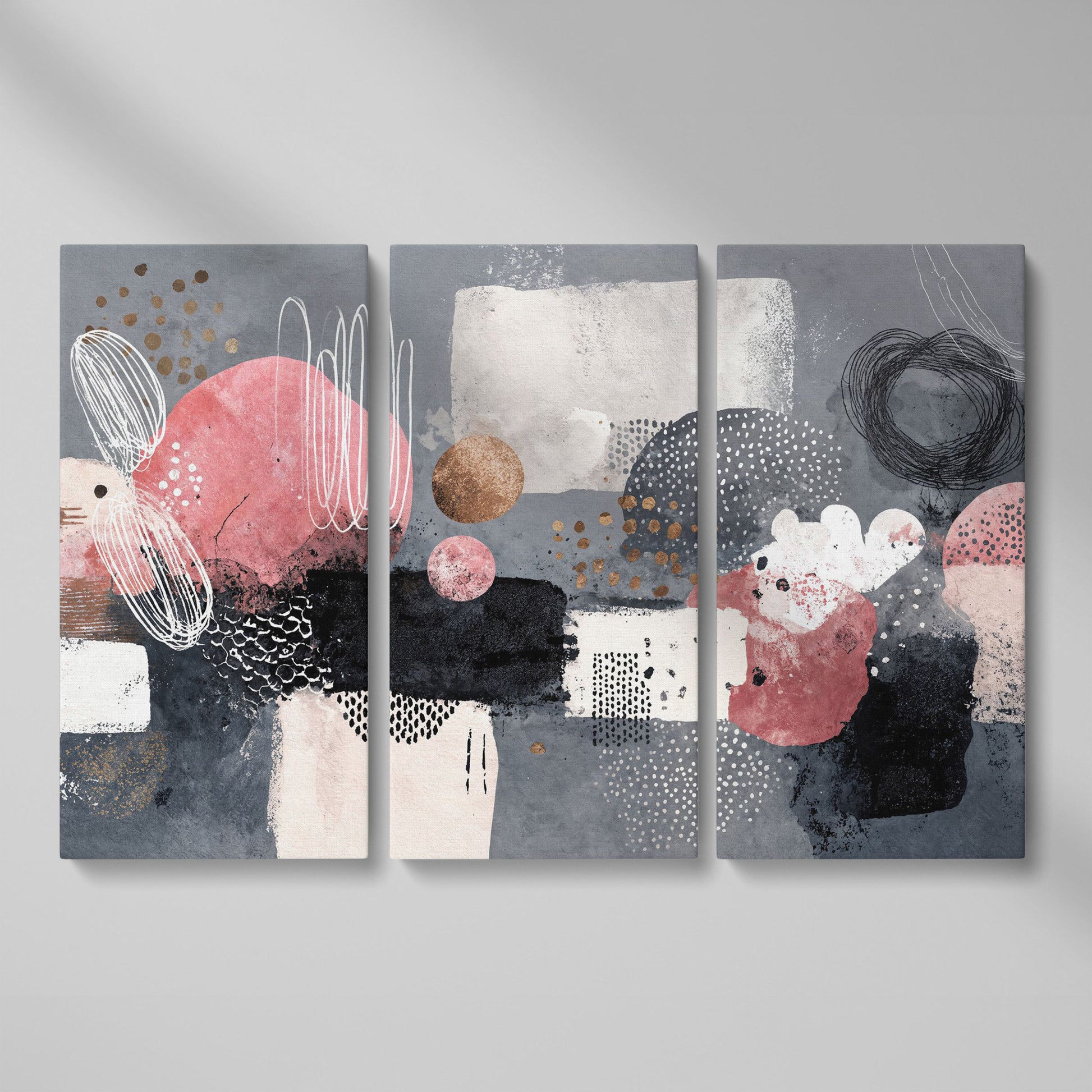 Abstract Shapes Canvas Art: Circles, Lines and Geometric Forms as 3-panel split version