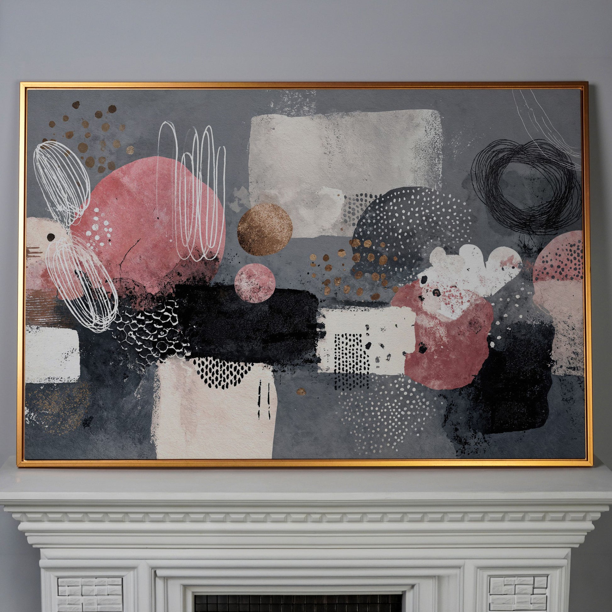 Abstract Shapes Canvas Art: Circles, Lines and Geometric Forms in antique gold floating frame
