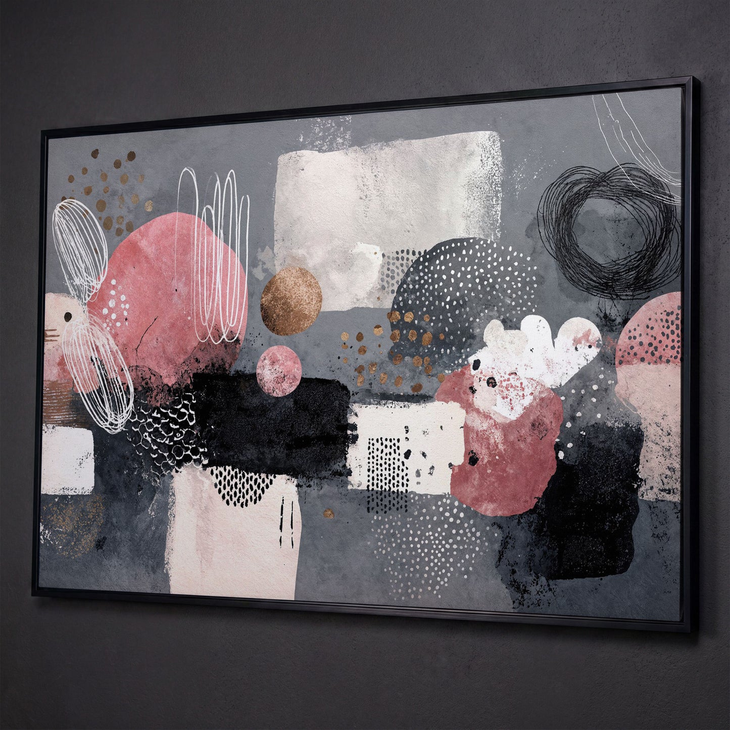 Abstract Shapes Canvas Art: Circles, Lines and Geometric Forms shown in black floating frame
