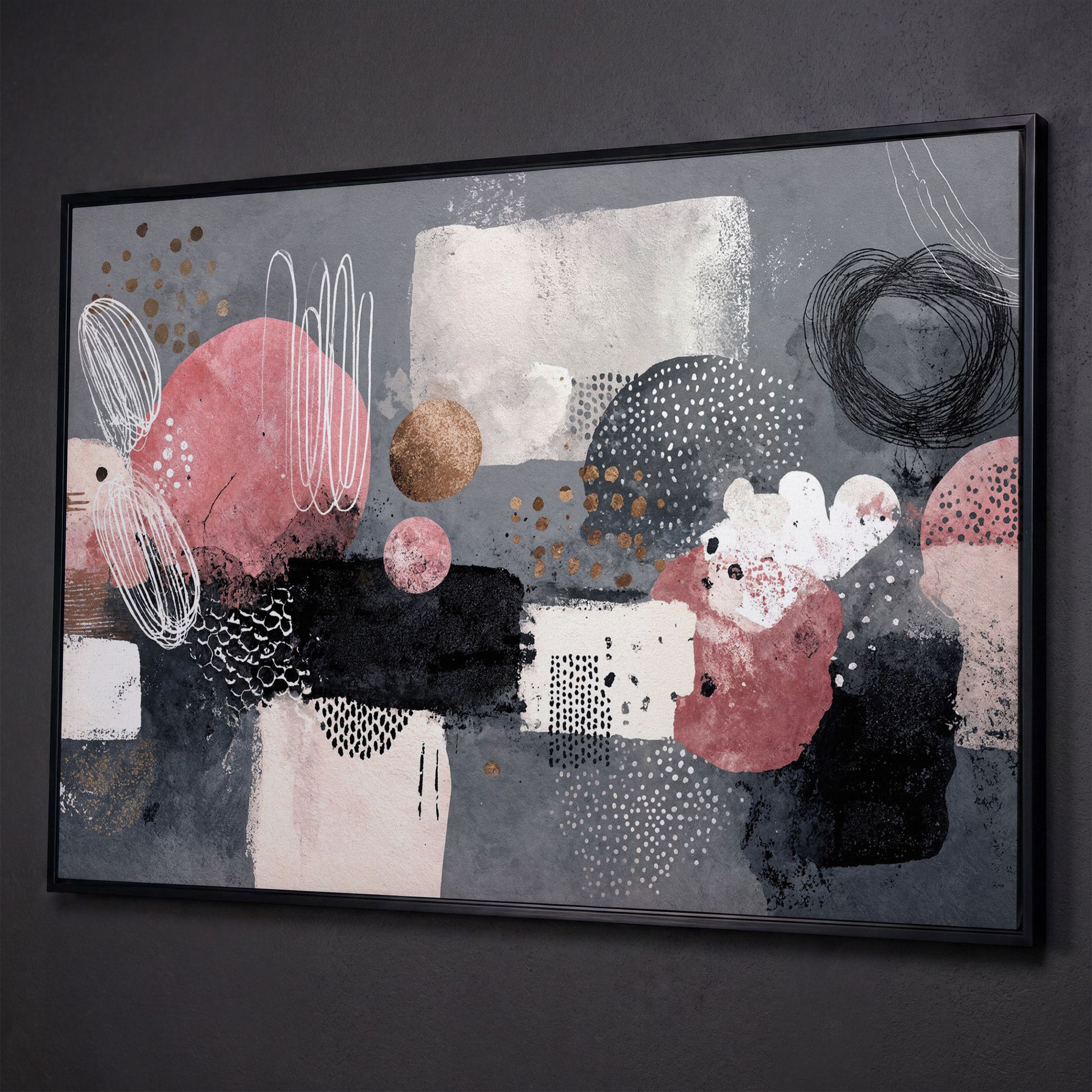 Abstract Shapes Canvas Art: Circles, Lines and Geometric Forms shown in black floating frame