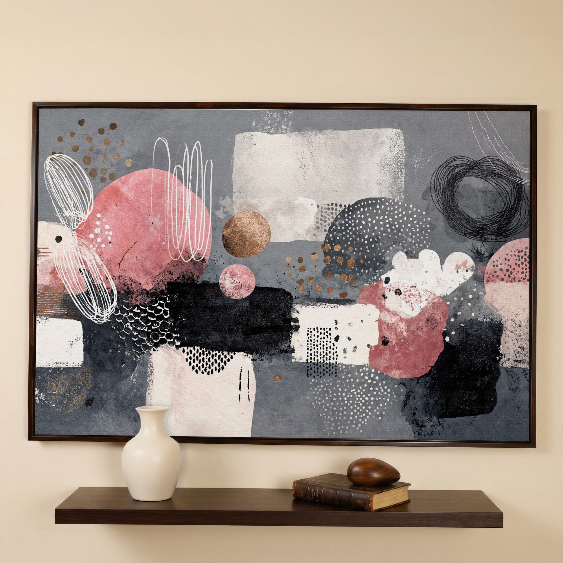 Abstract Shapes Canvas Art: Circles, Lines and Geometric Forms in dark walnut floating frame