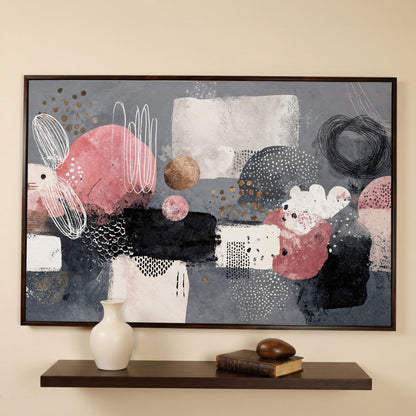 Abstract Shapes Canvas Art: Circles, Lines and Geometric Forms in dark walnut floating frame