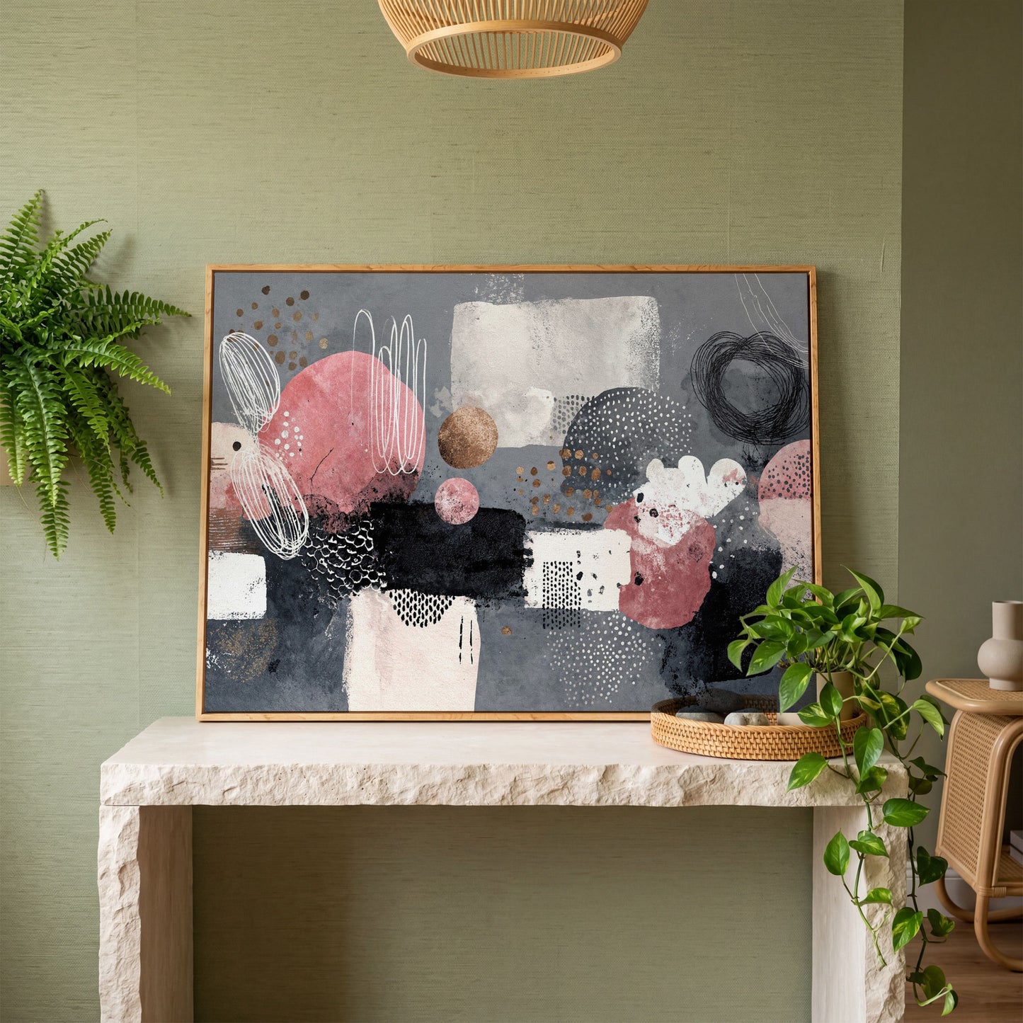 Abstract Shapes Canvas Art: Circles, Lines and Geometric Forms in white oak floating frame