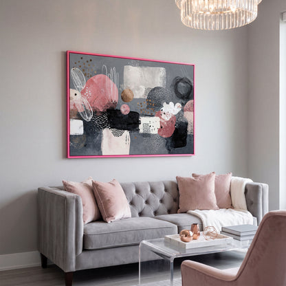 Abstract Shapes Canvas Art: Circles, Lines and Geometric Forms in pink floating frame
