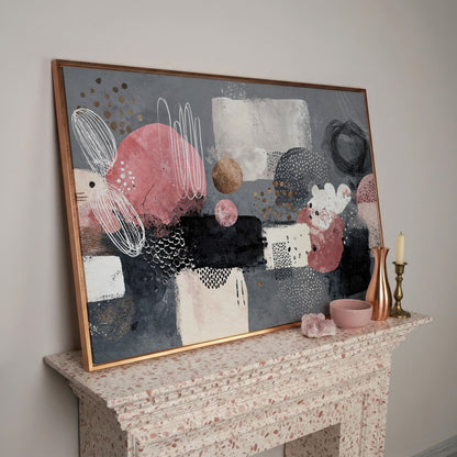 Abstract Shapes Canvas Art: Circles, Lines and Geometric Forms in rose gold floating frame