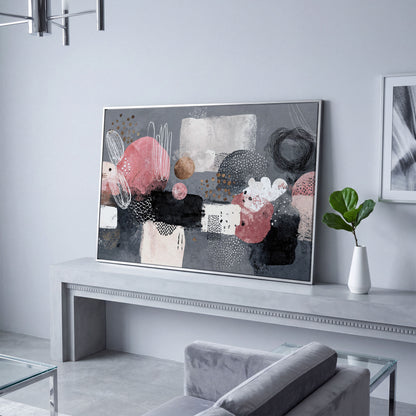 Abstract Shapes Canvas Art: Circles, Lines and Geometric Forms in silver floating frame