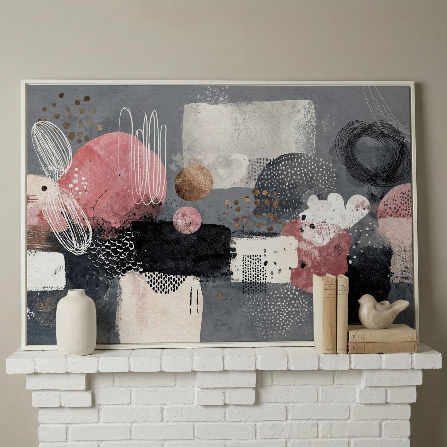 Abstract Shapes Canvas Art: Circles, Lines and Geometric Forms in white floating frame