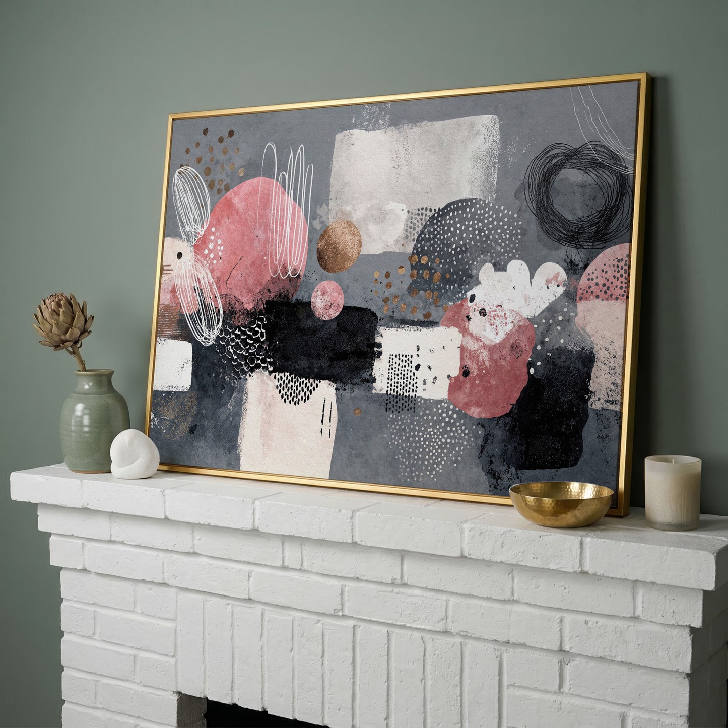 Abstract Shapes Canvas Art: Circles, Lines and Geometric Forms in yellow gold floating frame