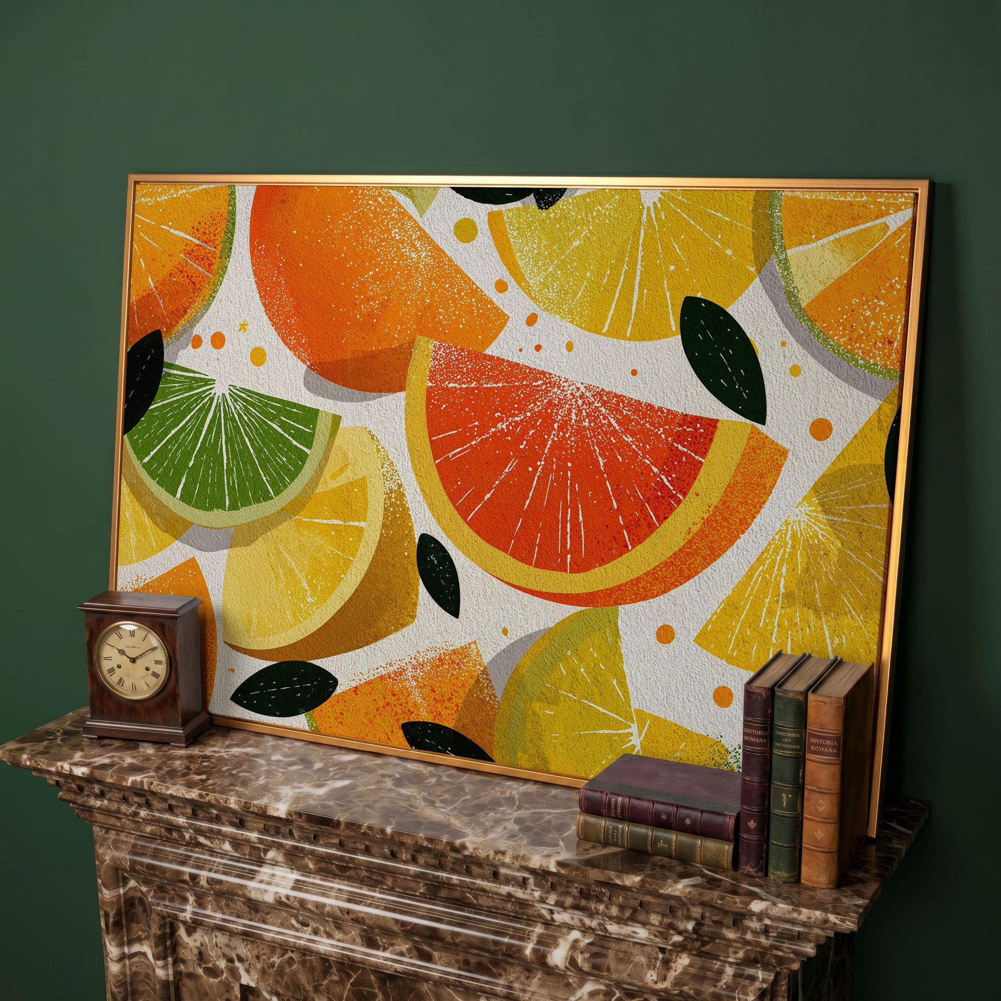 Citrus Slices Canvas Wall Art: Oranges, Lemons, Limes and Grapefruit in antique gold floating frame
