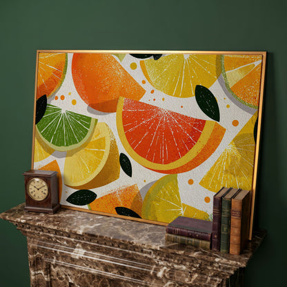 Citrus Slices Canvas Wall Art: Oranges, Lemons, Limes and Grapefruit in antique gold floating frame