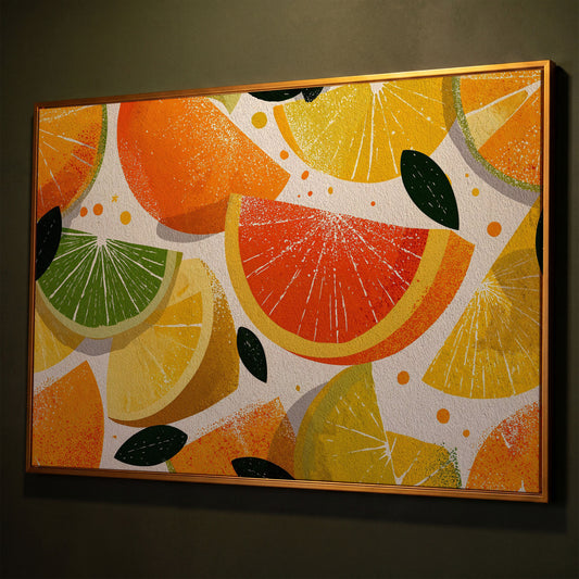 Citrus Slices Canvas Wall Art: Oranges, Lemons, Limes and Grapefruit shown in antique gold floating frame