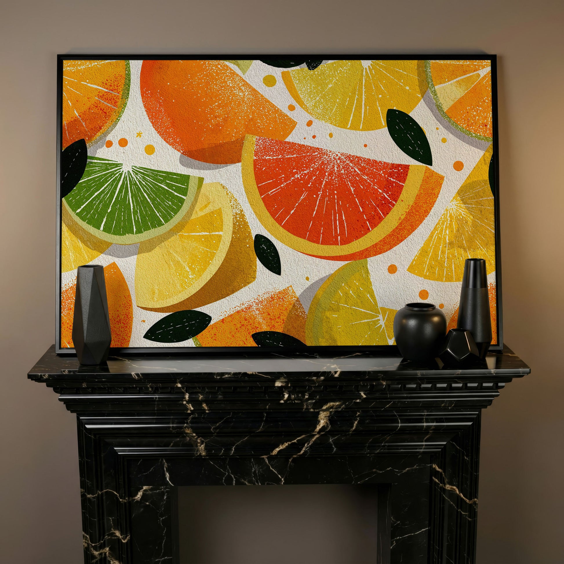 Citrus Slices Canvas Wall Art: Oranges, Lemons, Limes and Grapefruit in black floating frame