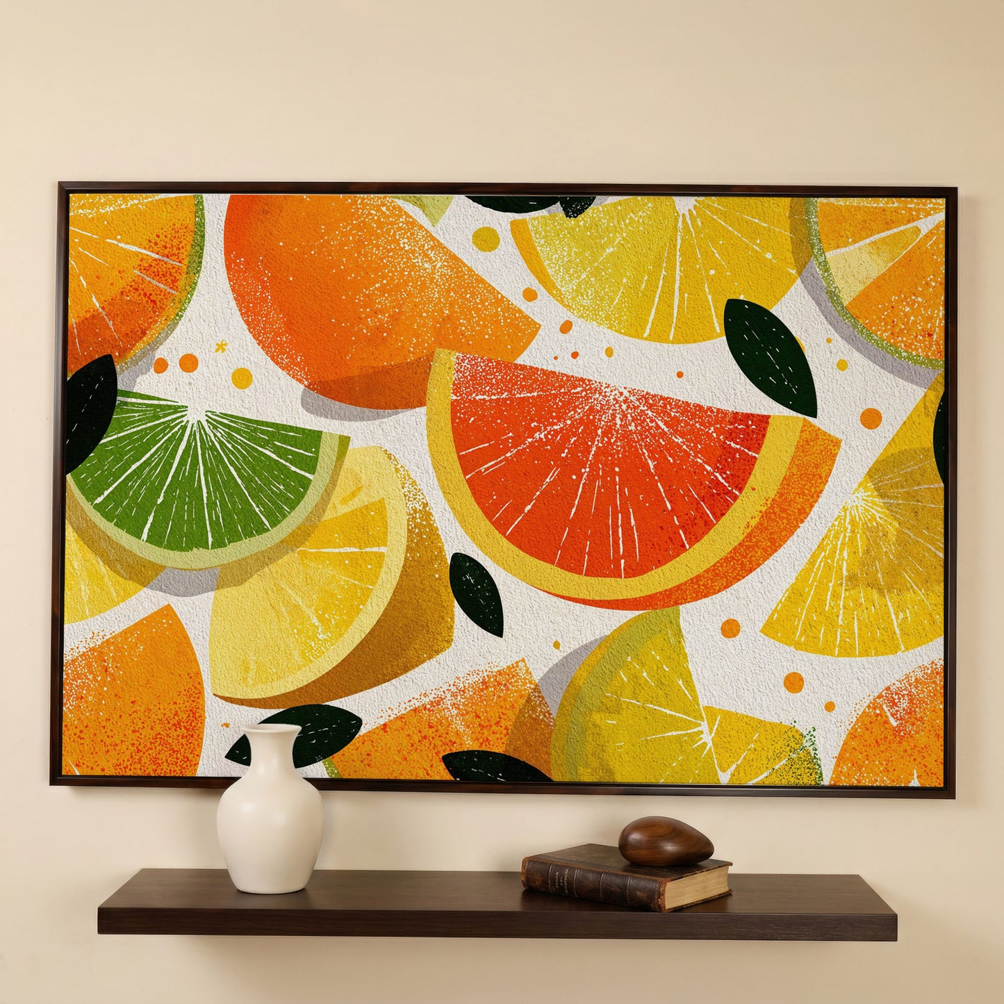Citrus Slices Canvas Wall Art: Oranges, Lemons, Limes and Grapefruit in dark walnut floating frame
