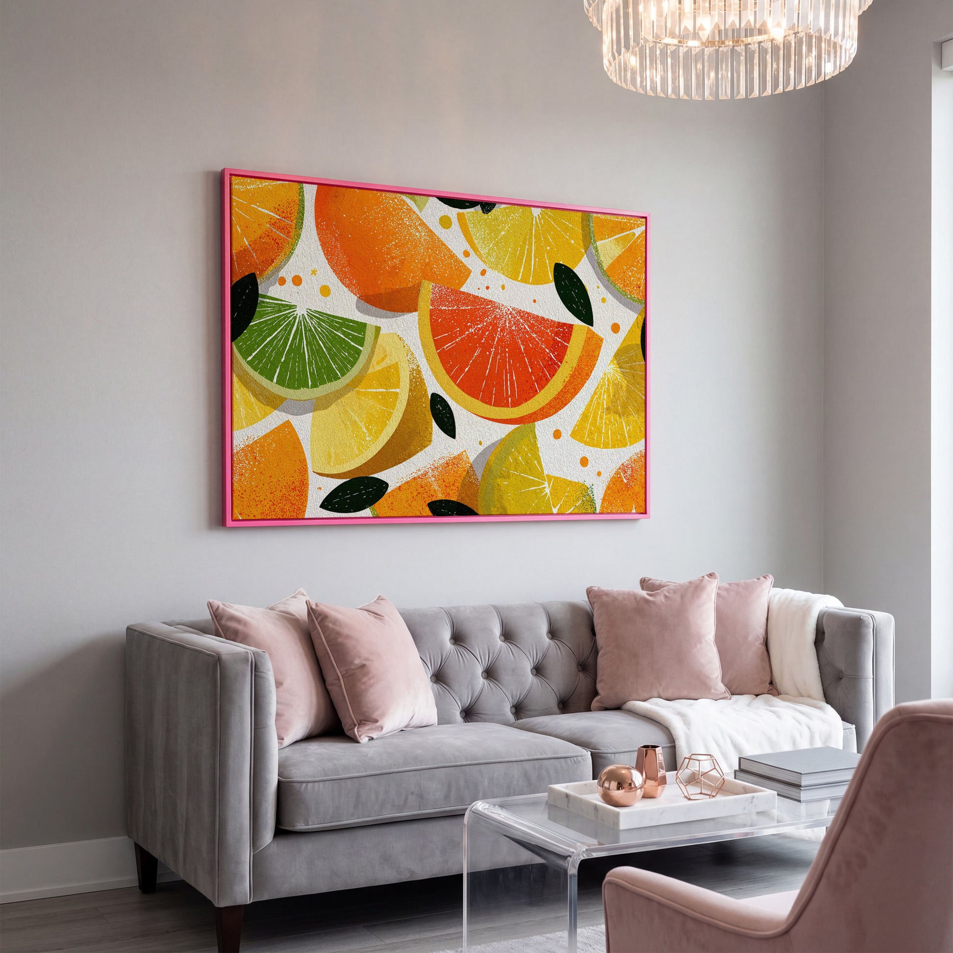 Citrus Slices Canvas Wall Art: Oranges, Lemons, Limes and Grapefruit in pink floating frame
