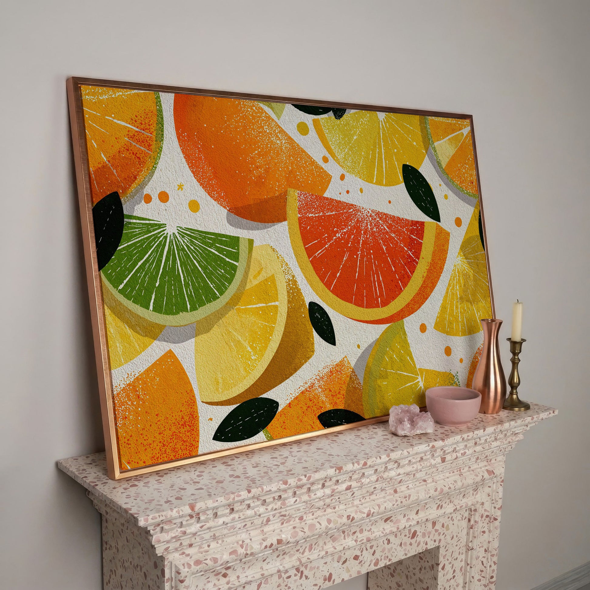 Citrus Slices Canvas Wall Art: Oranges, Lemons, Limes and Grapefruit in rose gold floating frame
