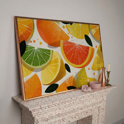 Citrus Slices Canvas Wall Art: Oranges, Lemons, Limes and Grapefruit in rose gold floating frame
