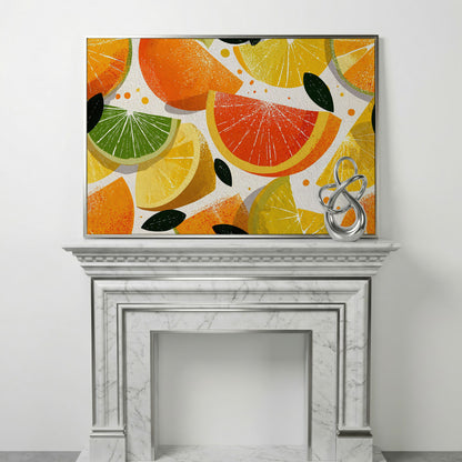 Citrus Slices Canvas Wall Art: Oranges, Lemons, Limes and Grapefruit in silver floating frame
