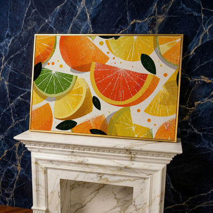 Citrus Slices Canvas Wall Art: Oranges, Lemons, Limes and Grapefruit in yellow gold floating frame