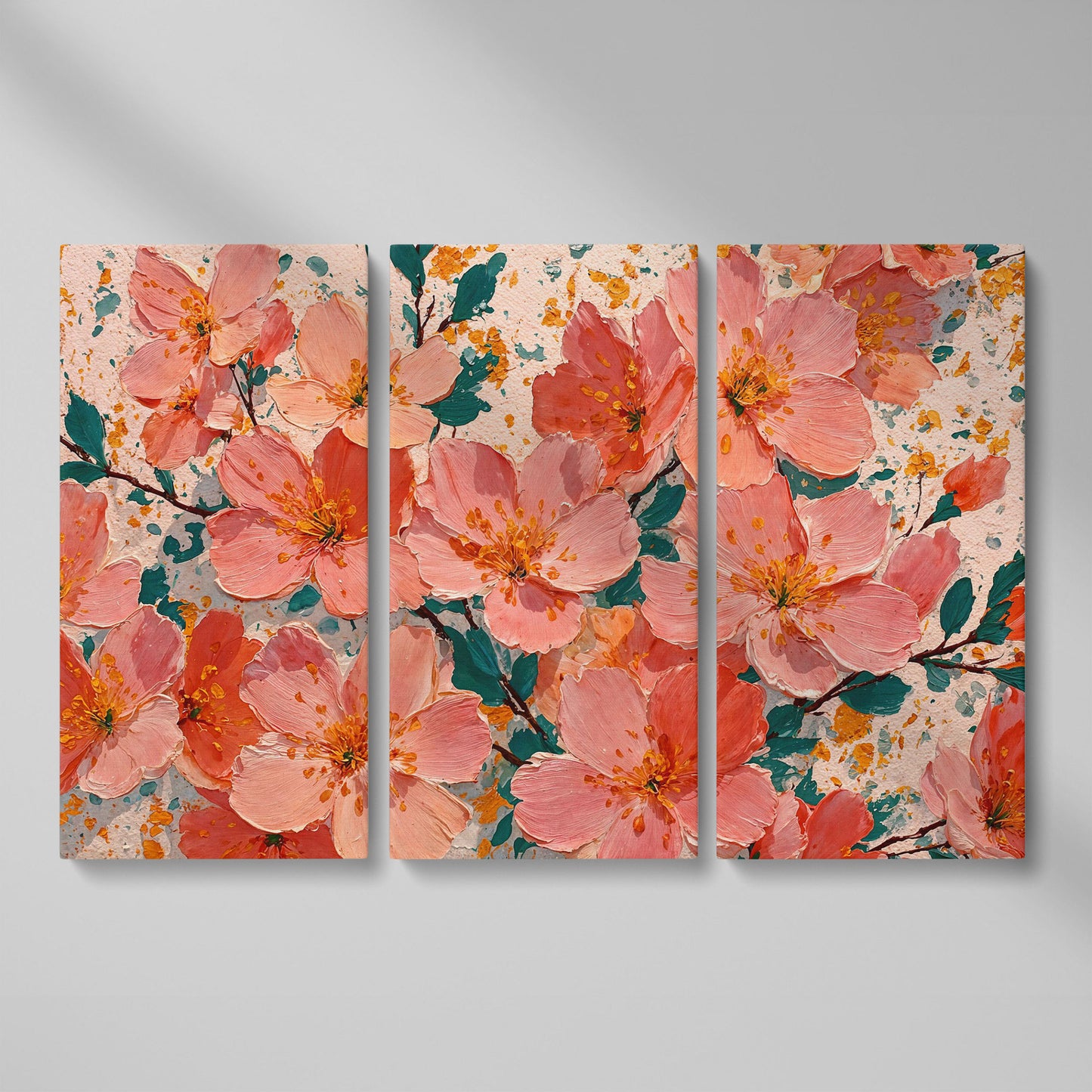Pink Blossom Branch Canvas Wall Art. Floral Canvas Print as 3-panel split version