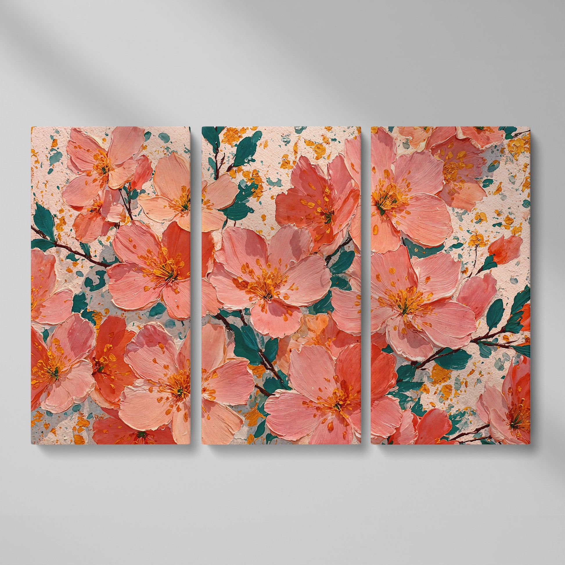 Pink Blossom Branch Canvas Wall Art. Floral Canvas Print as 3-panel split version