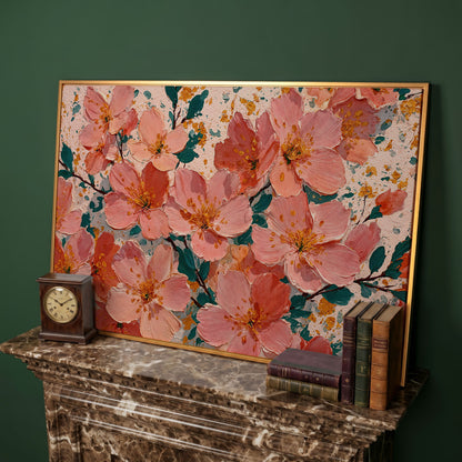 Pink Blossom Branch Canvas Wall Art. Floral Canvas Print in antique gold floating frame